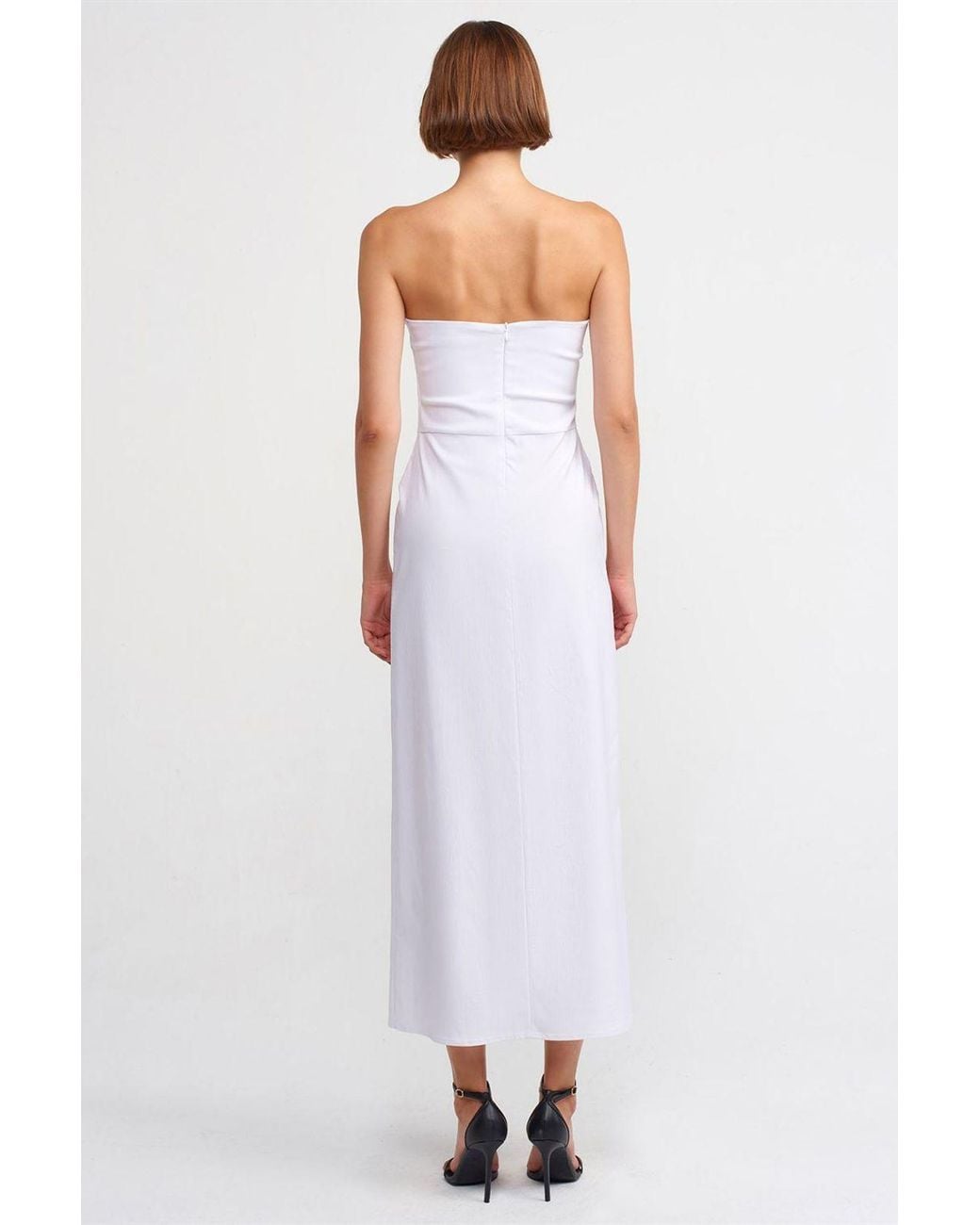 Dilvin White Strapless Fitted Midi Dress With Slit