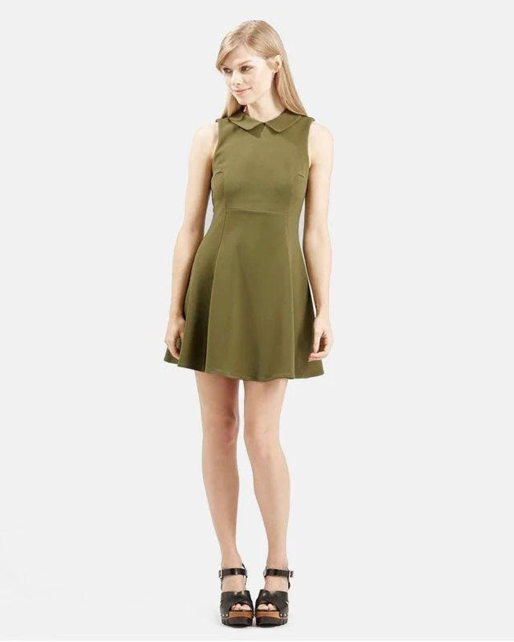 TOPSHOP Green Sleeveless Skater Dress With Collar