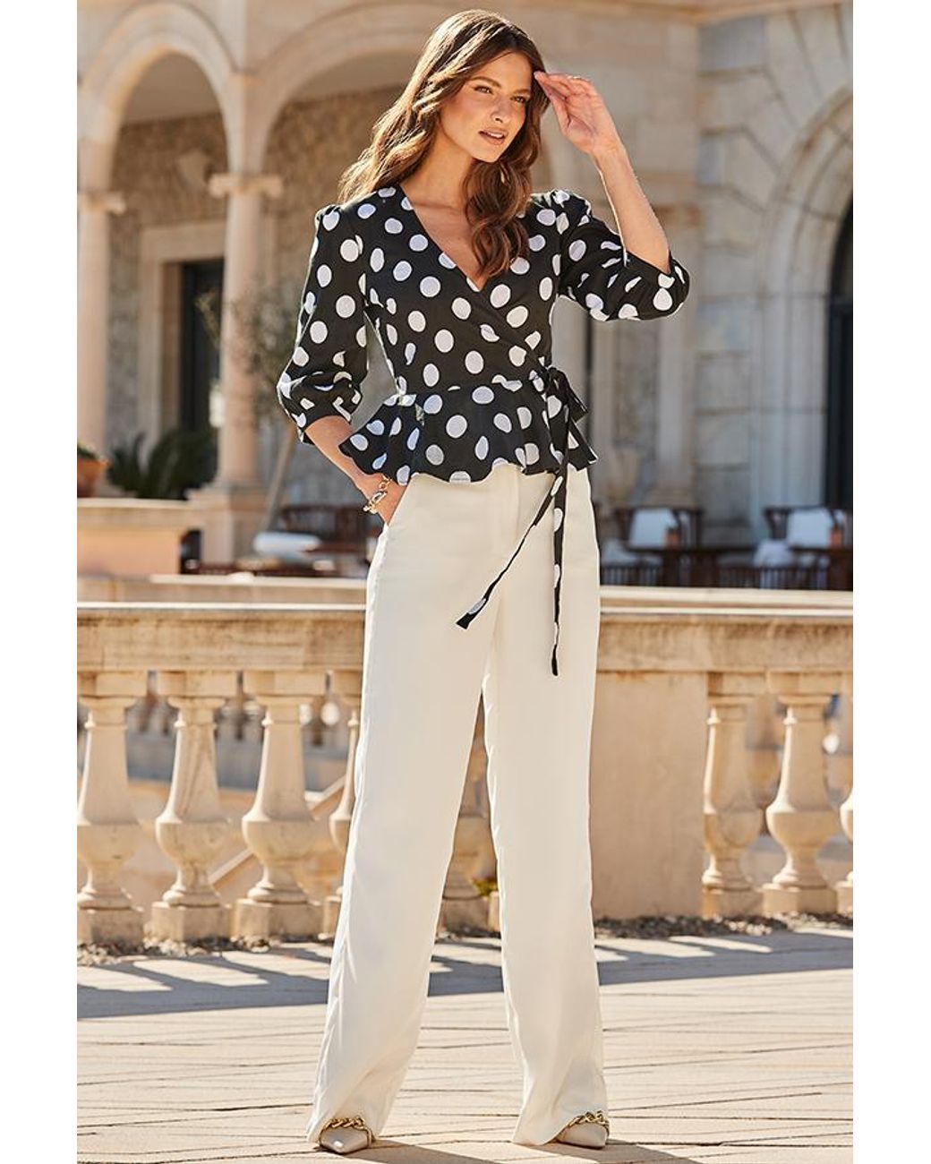 Sosandar Natural Spot Print Peplum Hem Wrap Top Denim