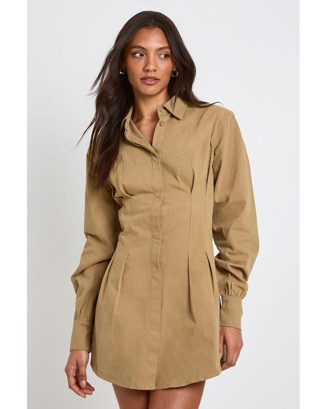 Boohoo Natural Tall Collared Long Sleeve Shirt Dress