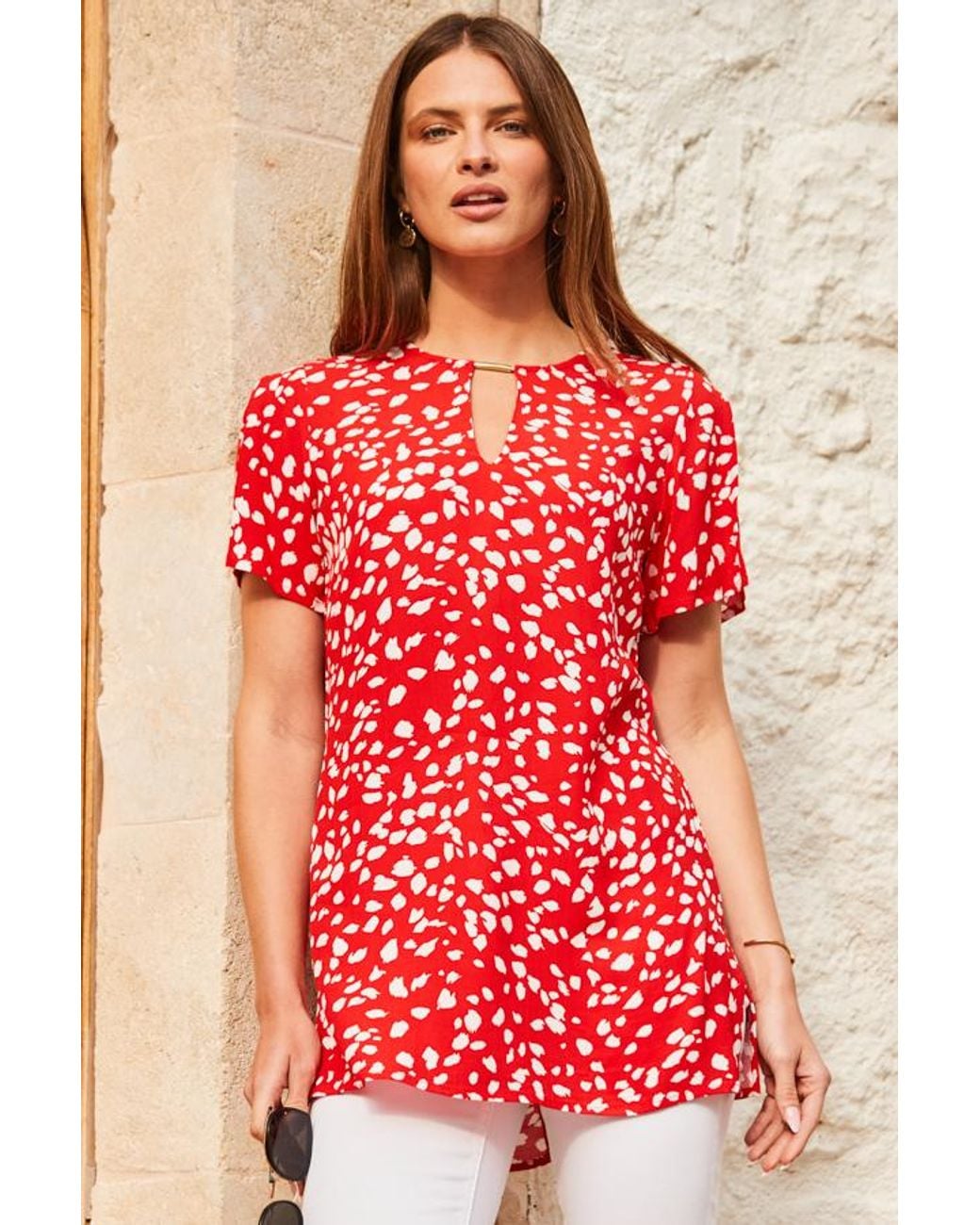 Sosandar Red Fleck Print Split Sleeve Tab Detail Tunic Top