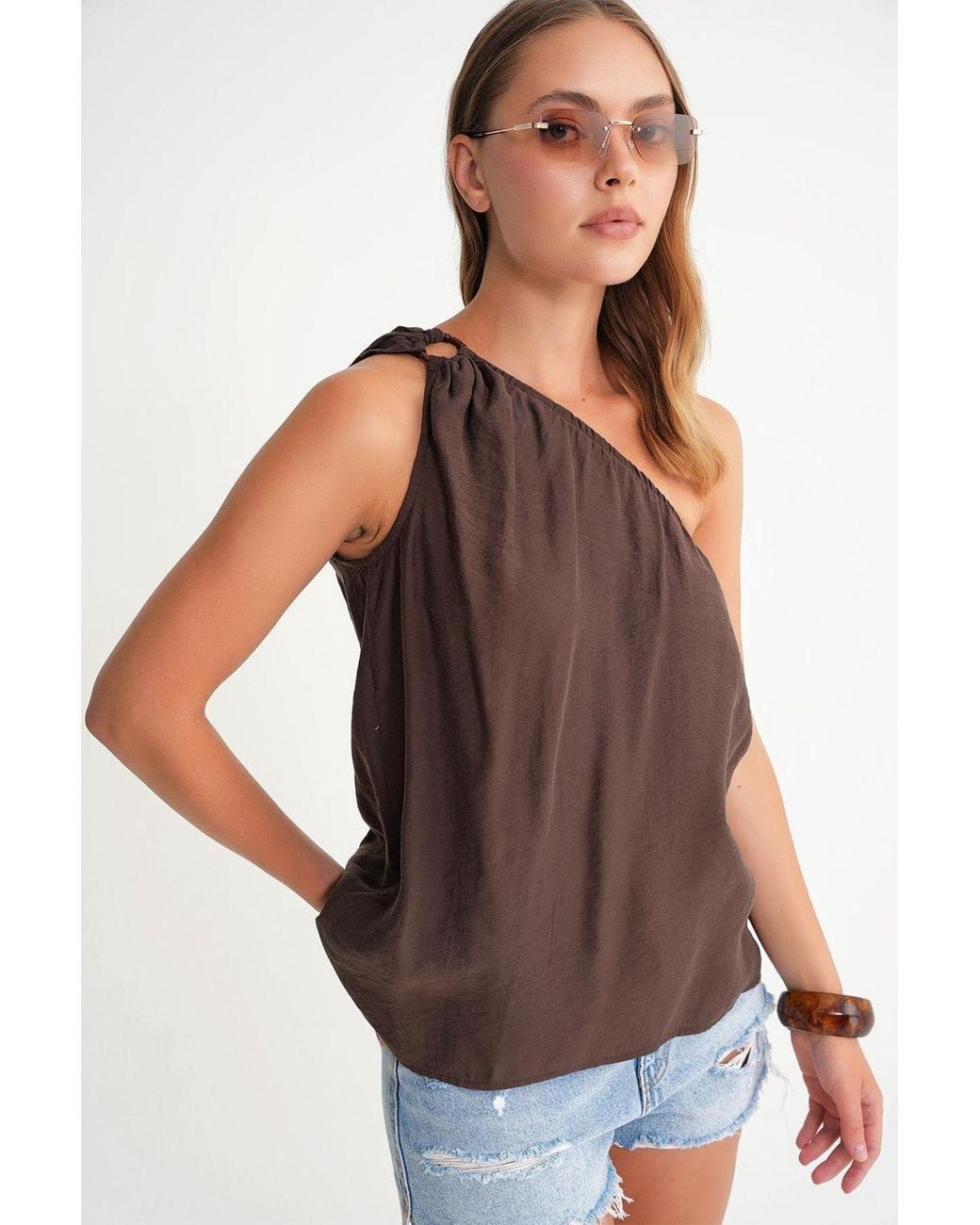 MixRay Brown Asymmetrical Collar Accessory Detailed Top