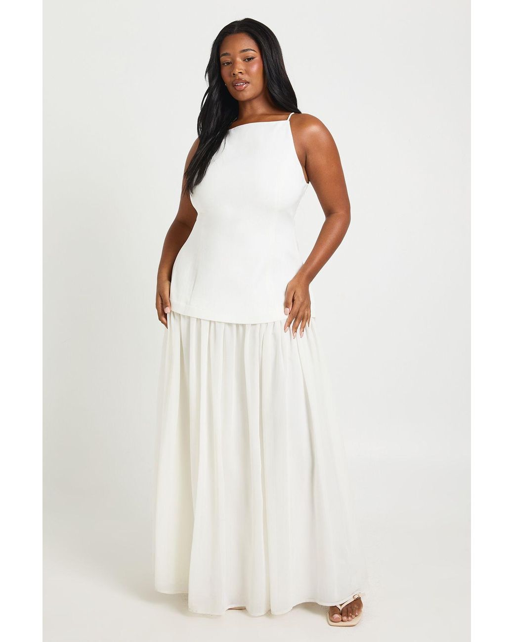 Boohoo White Plus Crepe Sleeveless Dress With Chiffon Skirt
