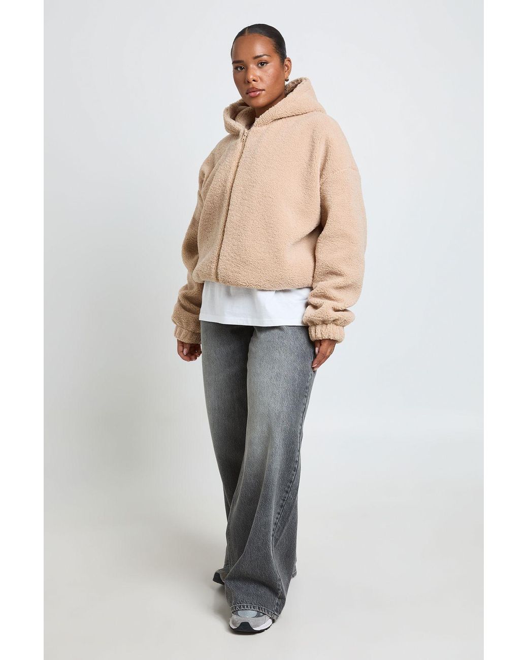 Boohoo Natural Plus Hooded Teddy Bomber Jacket