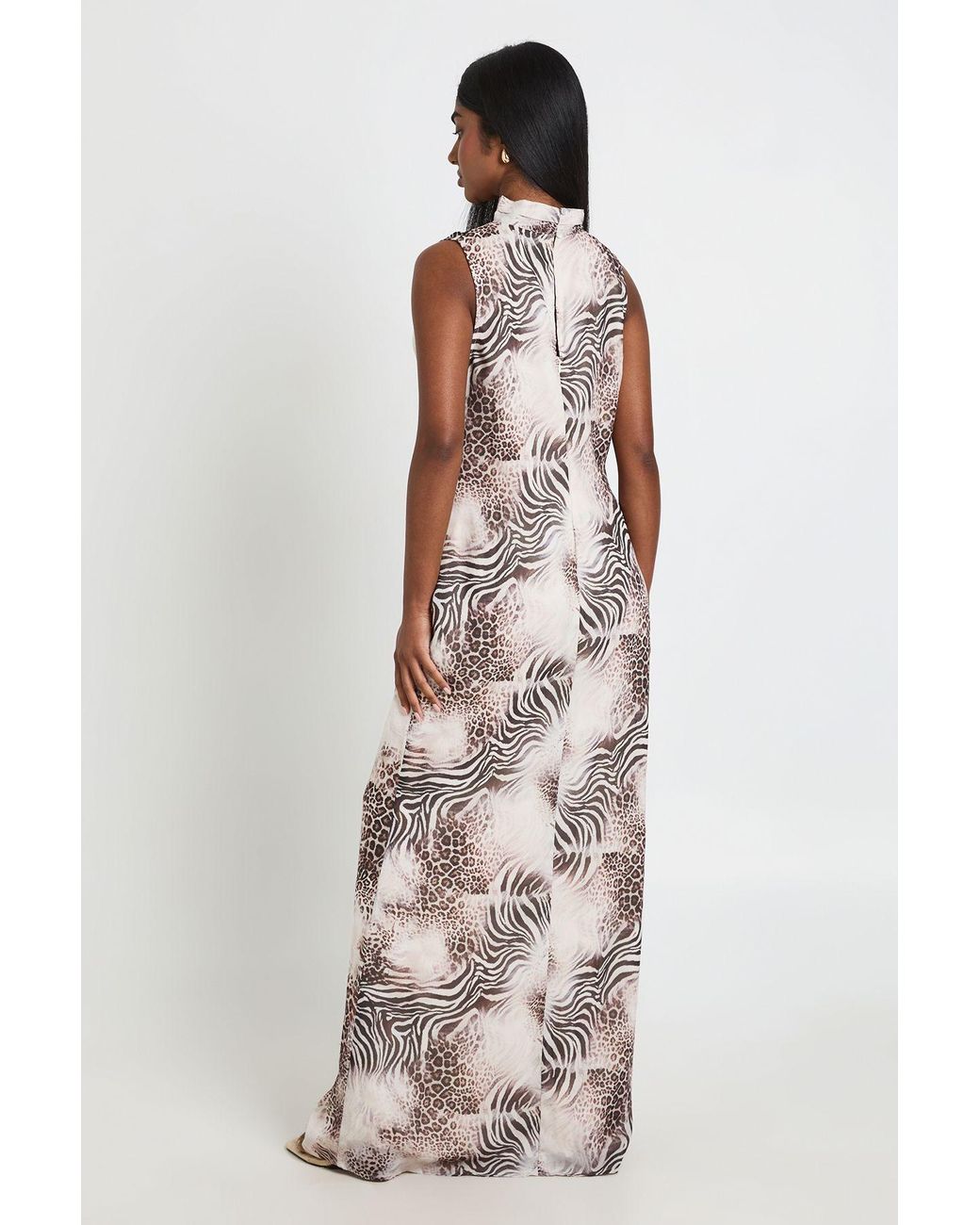 Boohoo Natural Tonal Animal Print Maxi Dress With Scarf Detail