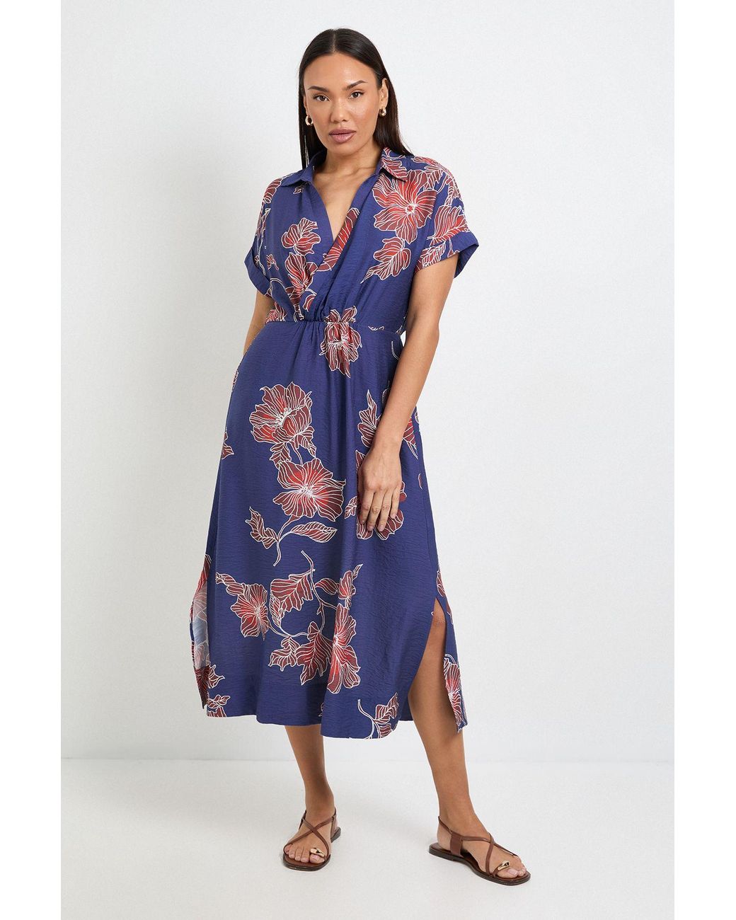 Wallis Blue Floral Woven Collar Midi Dress