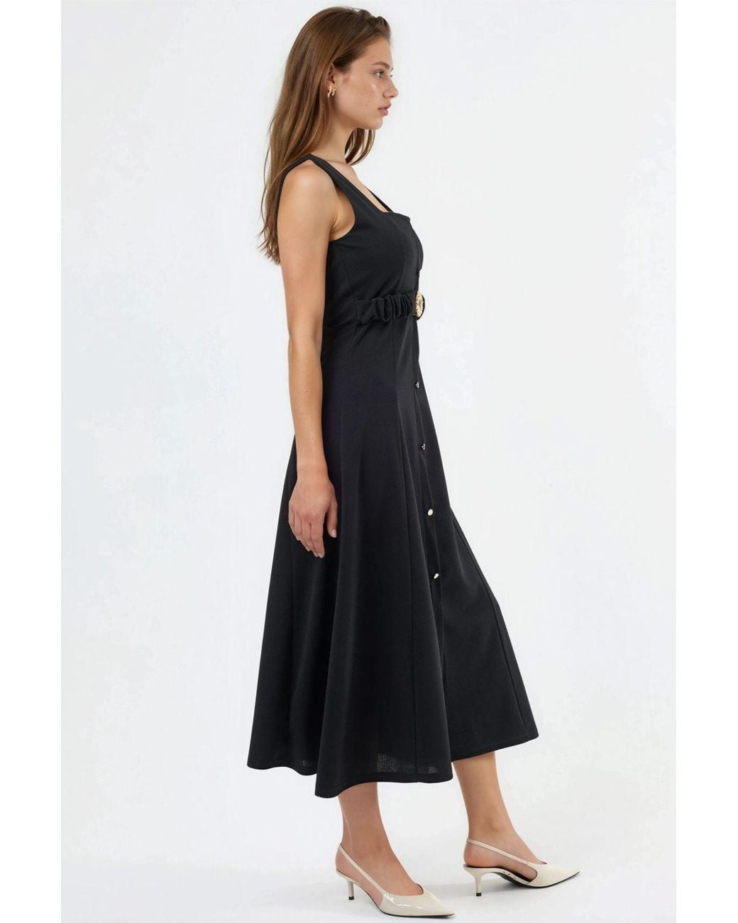 Busem Black Belted Square Collar Midi Dress