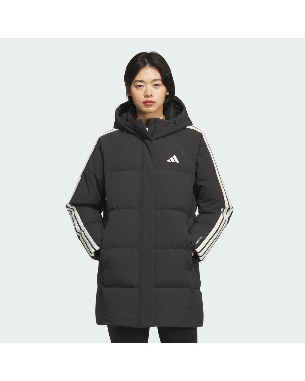 Adidas Black 3 Stripes Mid Length Down Jacket