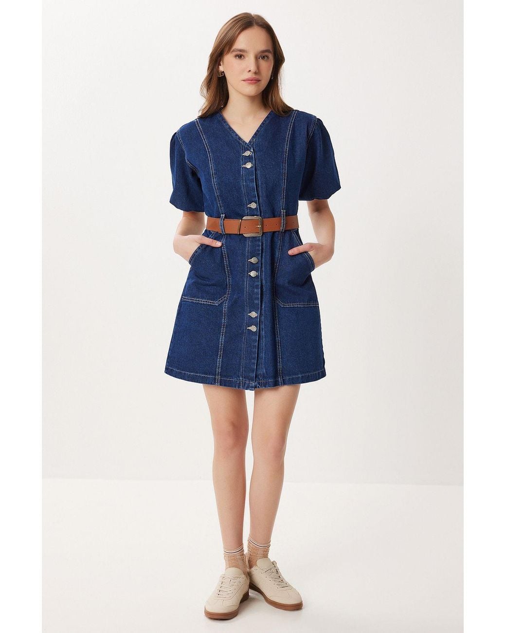 Happiness İstanbul Blue Denim V-Neck Mini Dress With Belt
