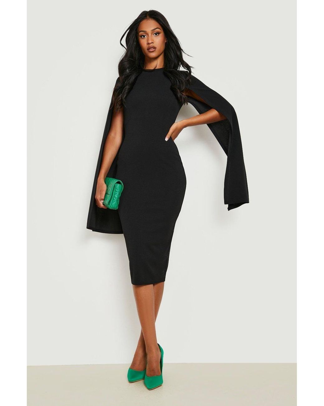 Boohoo Black Tall Cape Sleeve Midi Bodycon Dress