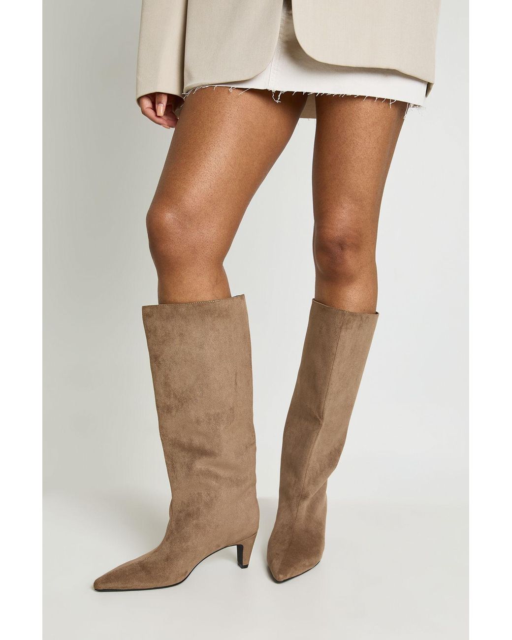 Boohoo Gray Kitten Heel Pull On Column Boots