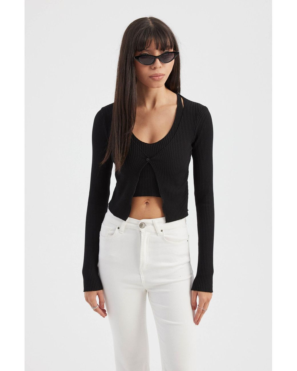 Hiccup Black Knitted V-Neck Long Sleeve Cardigan & Crop Top Twin Set