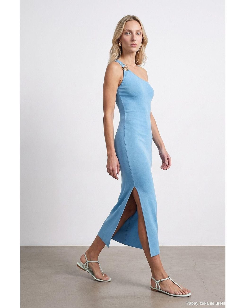 Dilvin Blue Asymmetrical One-Shoulder Ribbed Midi Dress