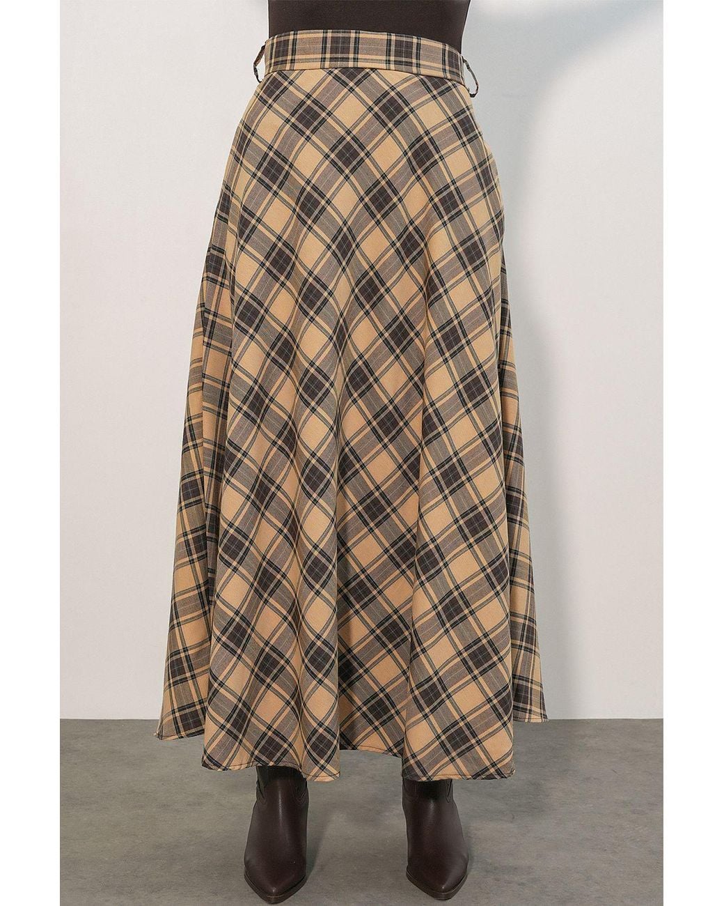 Bigdart Brown High-Waist Plaid Maxi A-Line Skirt