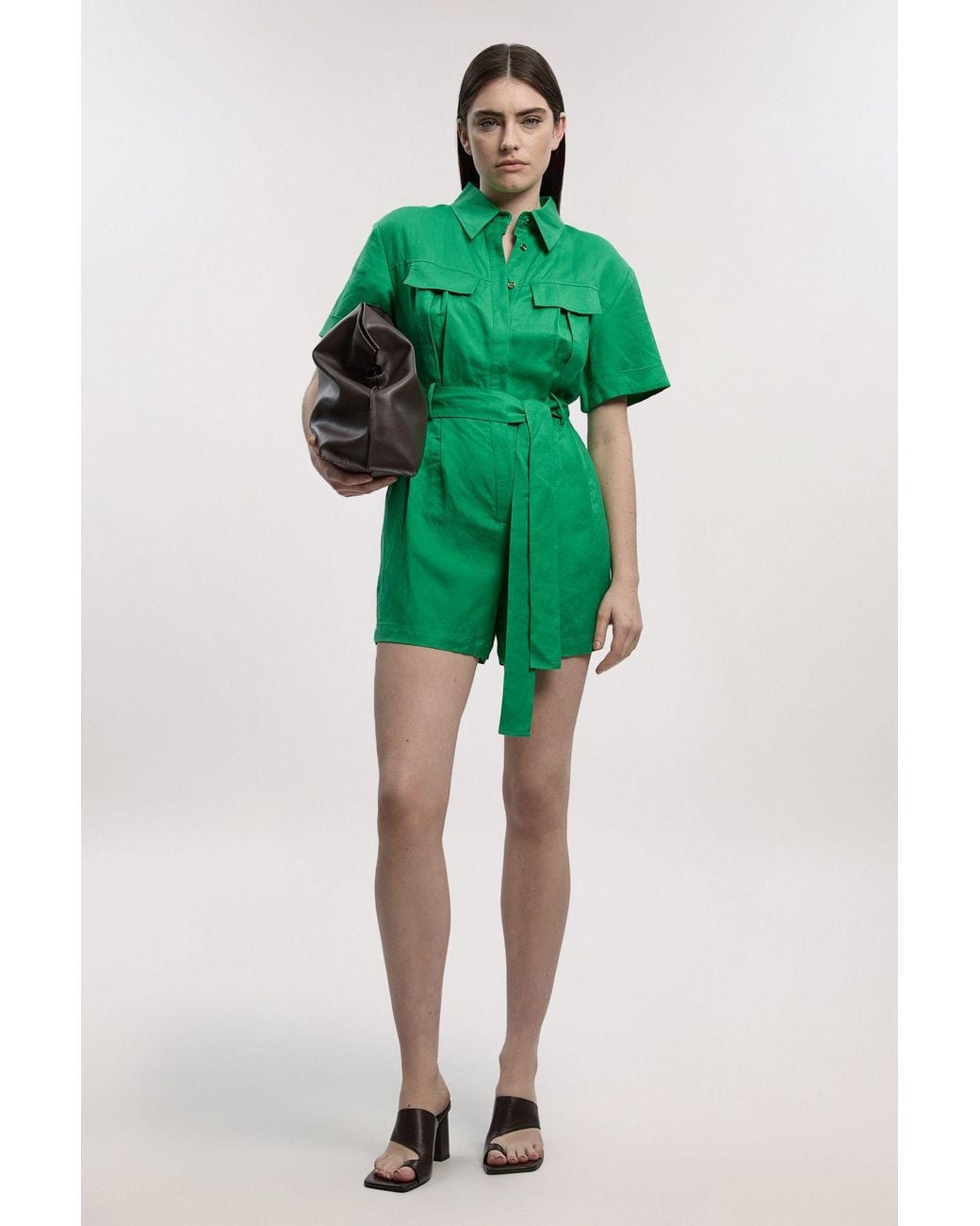 Karen Millen Green Viscose Linen Woven Belted Playsuit