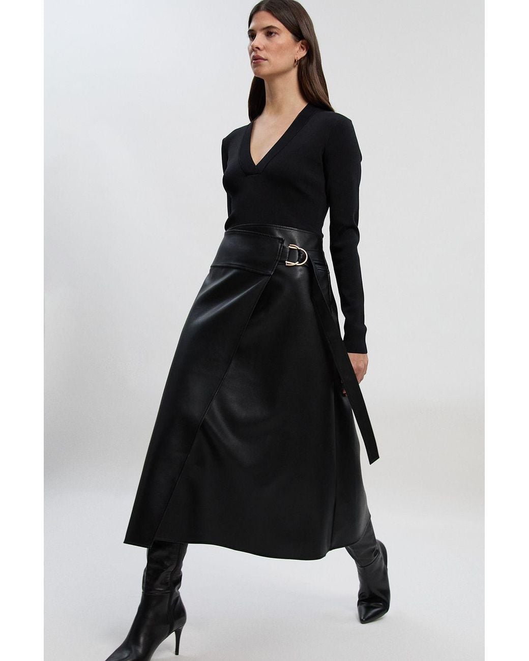 Karen Millen Black Figure Form Pu Mix Tab Detail Pleated Knit Midi Dress
