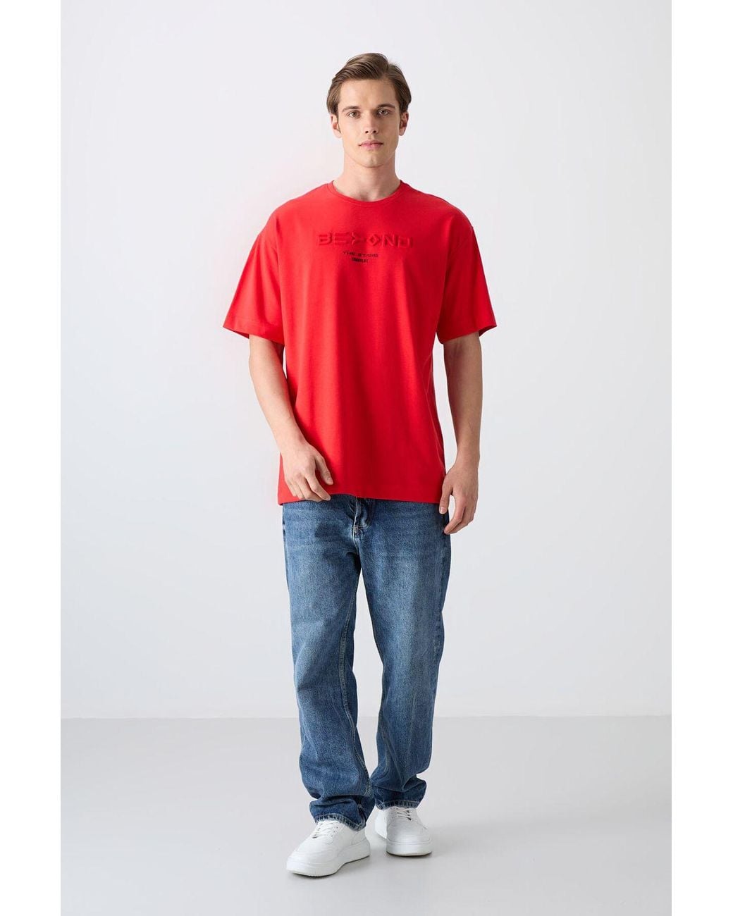 TOMMY LIFE Red Oversized Cotton- Logo T-Shirt for men