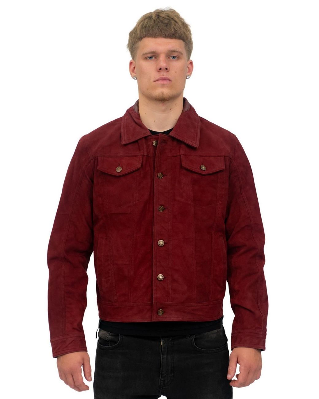 Infinity Leather Red Goat Suede Trucker Jacket-Taraz for men