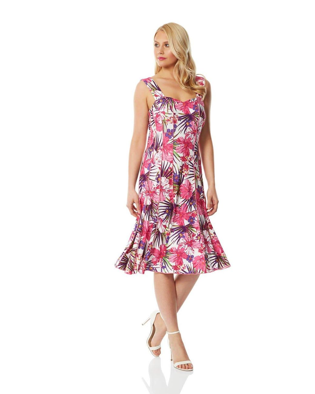 Roman Red Tropical Floral Panel Skater Dress