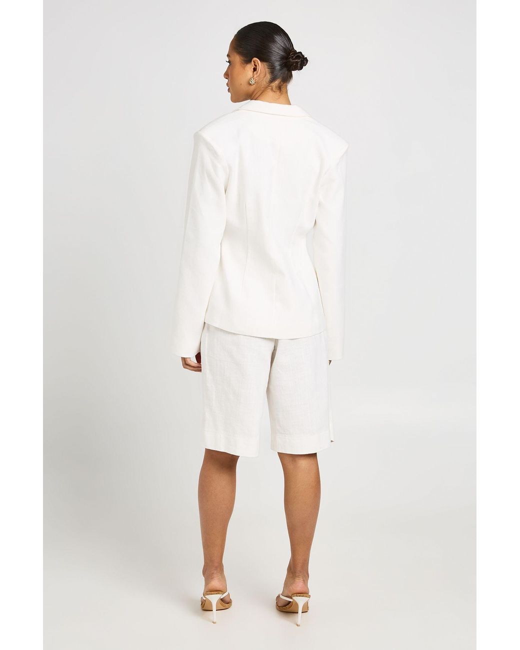 Boohoo White Linen Look Cinched Waist Blazer