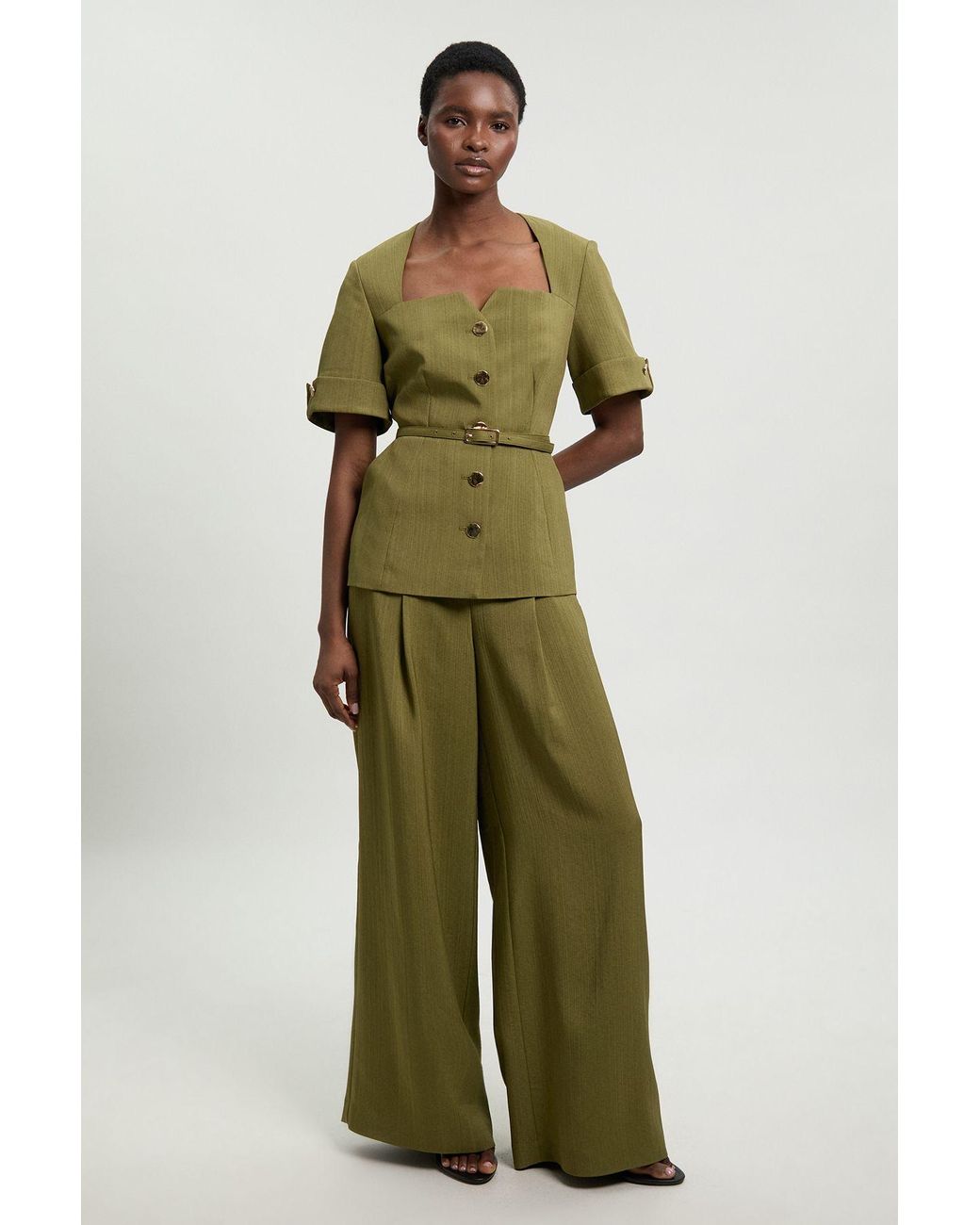 Karen Millen Green Viscose Belted Square Neck Short Sleeve Tailored Jacket