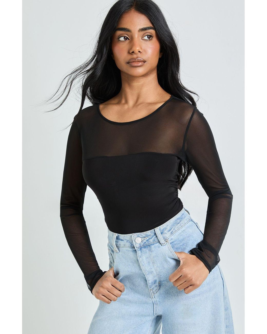 Boohoo Black Mesh Panel Front Long Sleeve Bodysuit