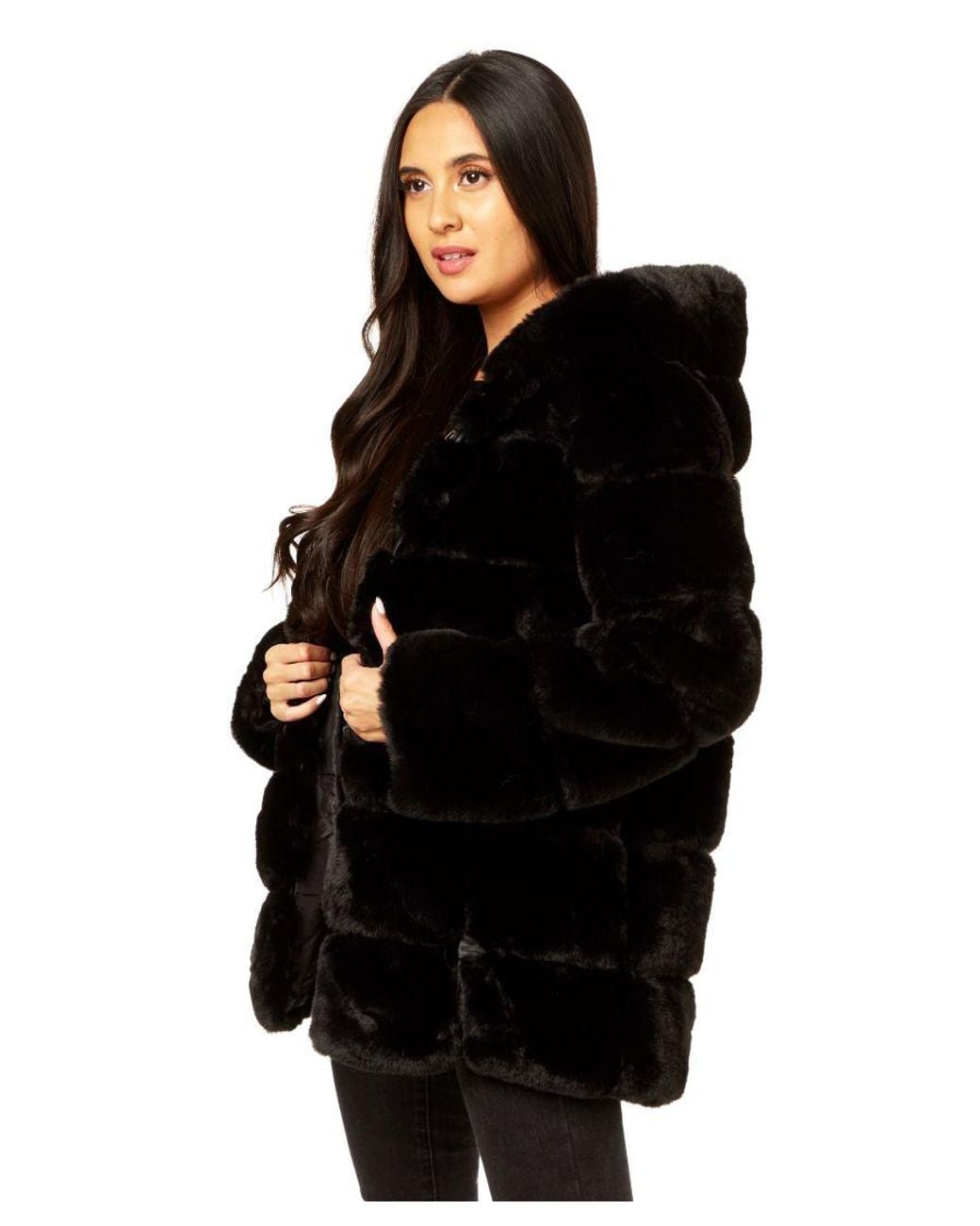 Gini London Black Horizontal Cut Fur Hooded Jacket