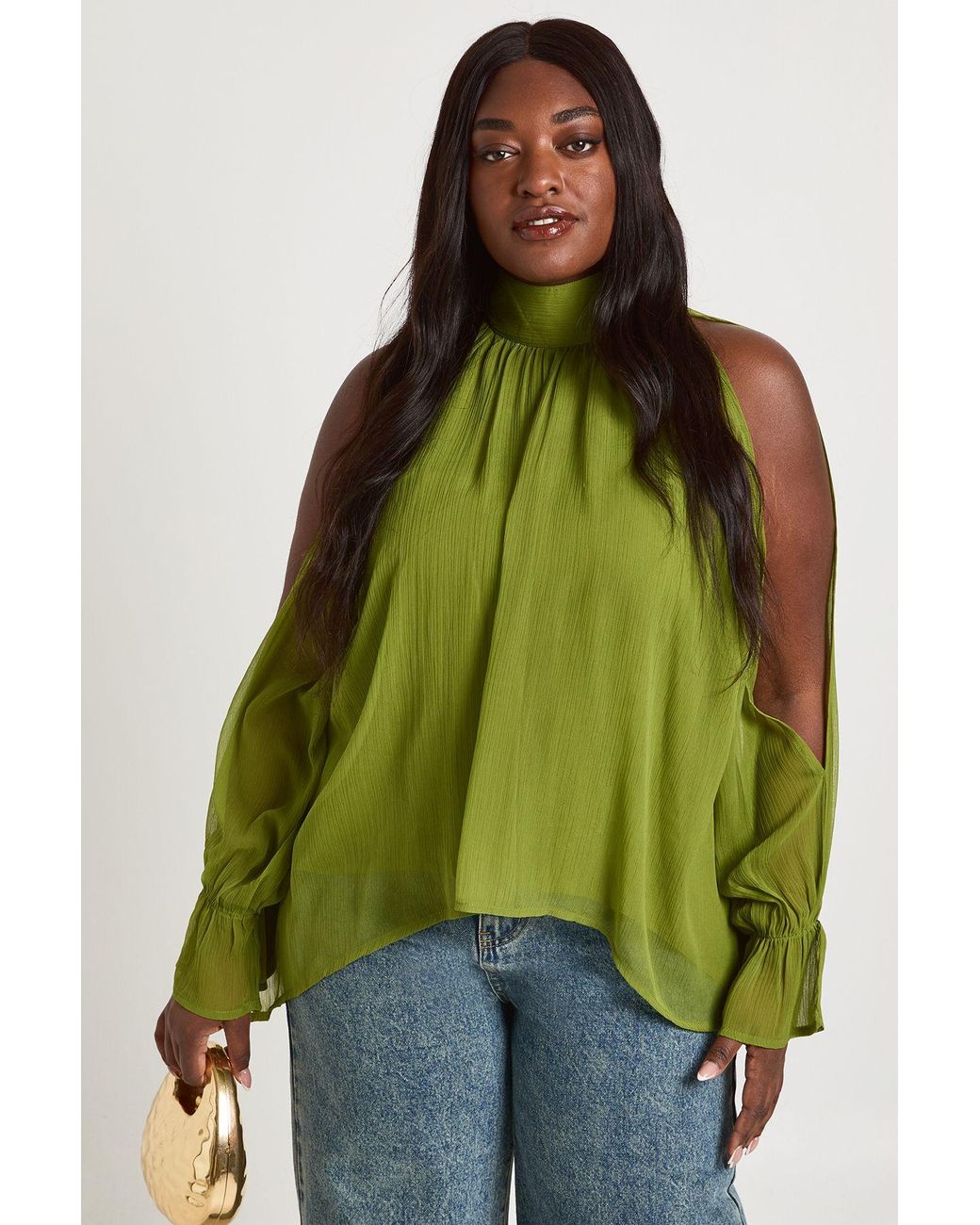 Boohoo Green Plus Chiffon Halterneck Long Sleeve Draped Blouse