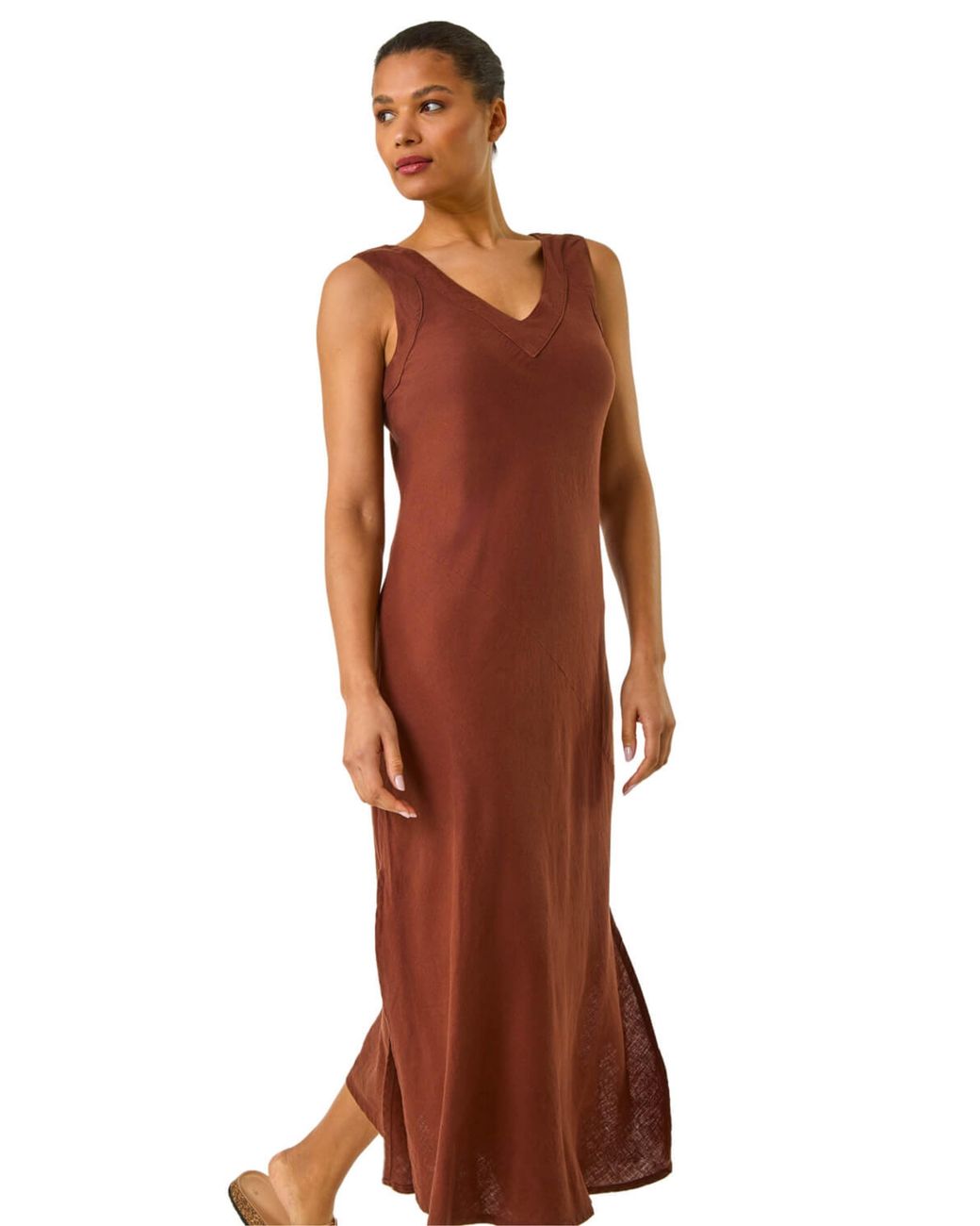 Roman Brown Bias Linen Mix Midi Dress
