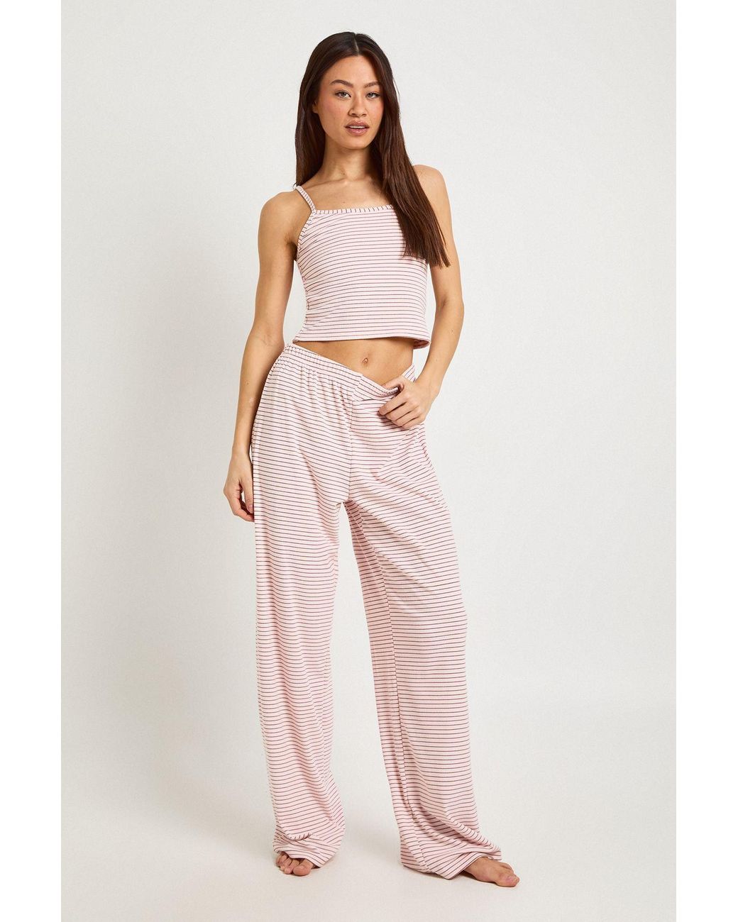 Boohoo Pink Tall Soft Rib Stripe Cami & Trouser Pyjama Set