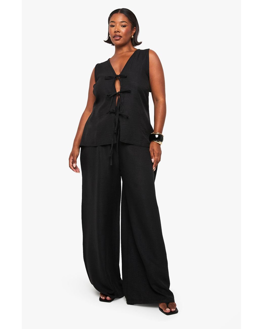 Boohoo Black Plus Linen Look Tie Front Top And Wide Leg Trouser Co-Ord