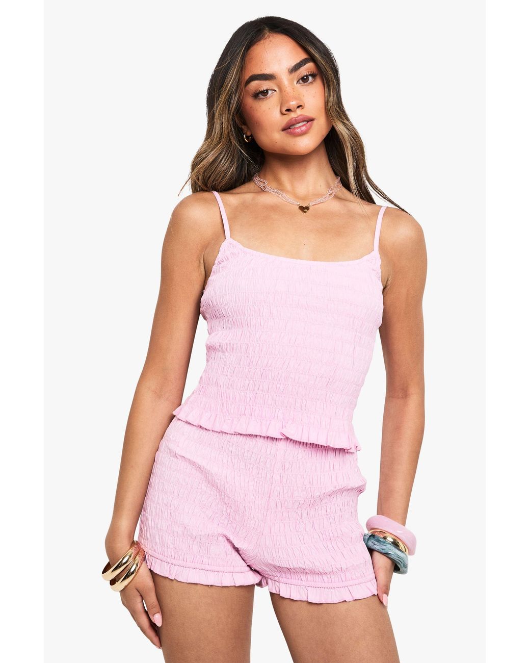 Boohoo Pink Cotton Poplin Shirred Crop Top