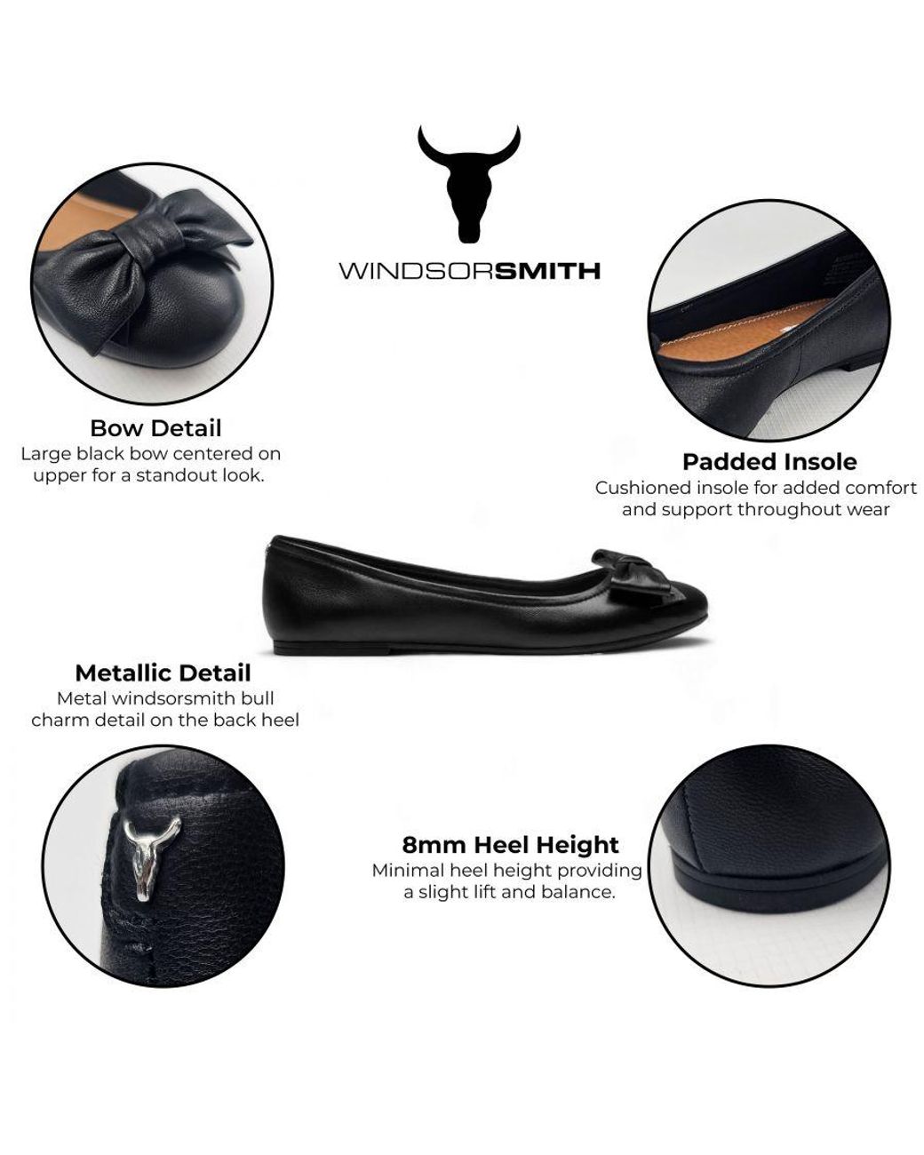 Windsor Smith Black Leather Bellarina Flat Shoes With Bow