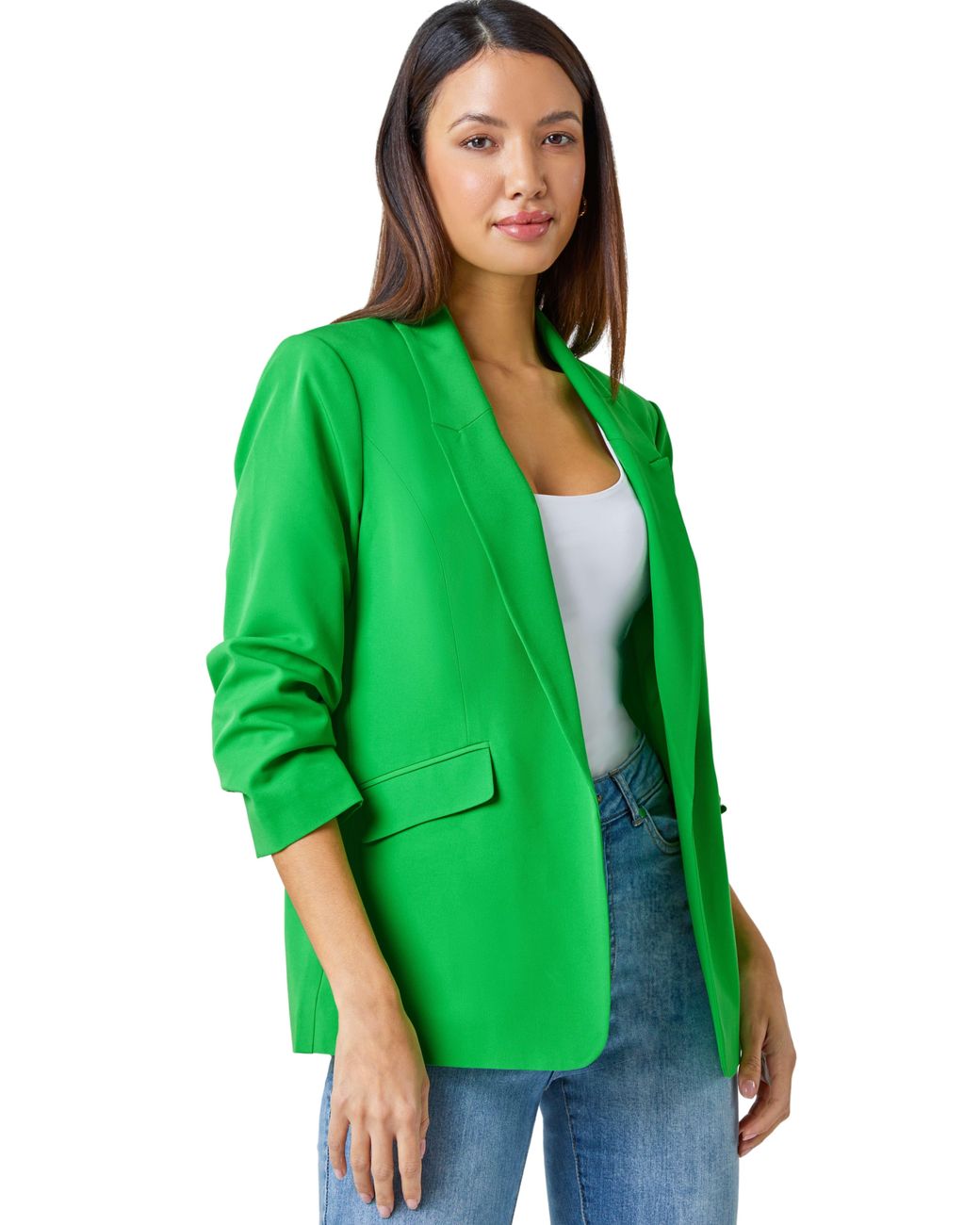 Roman Green Ruched Sleeve Stretch Blazer