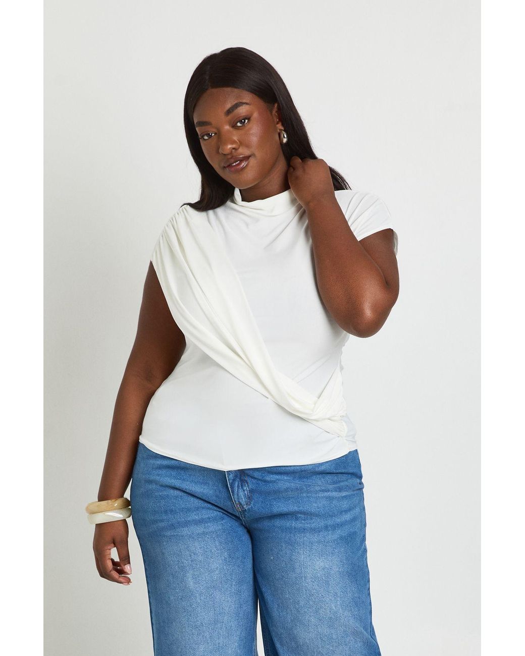Boohoo Blue Plus Slinky Wrap Detail Short Sleeve Top