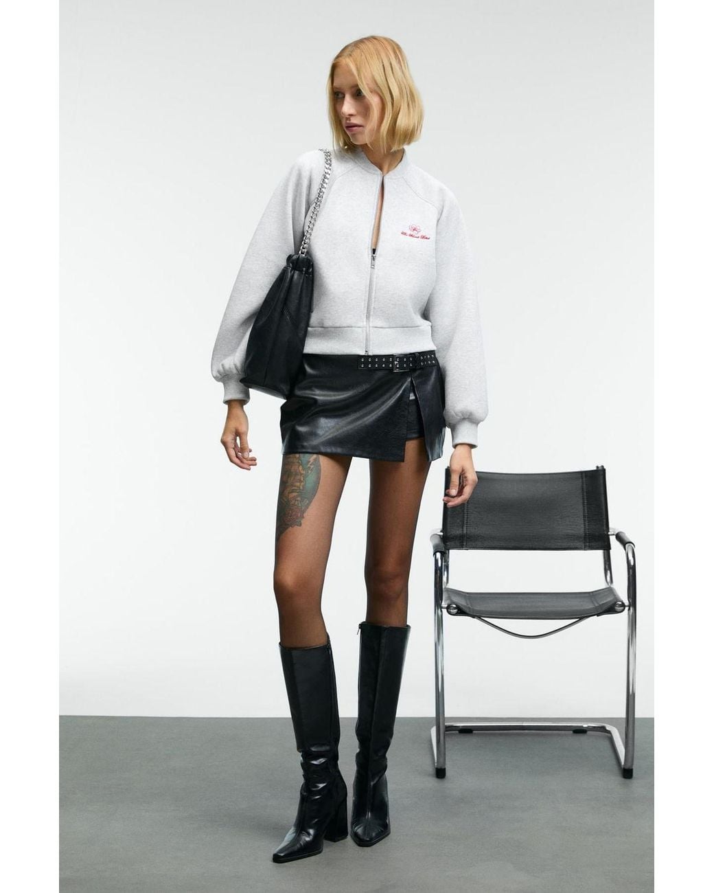 Grimelange White Embroidered Mandarin Collar Zip Sweatshirt