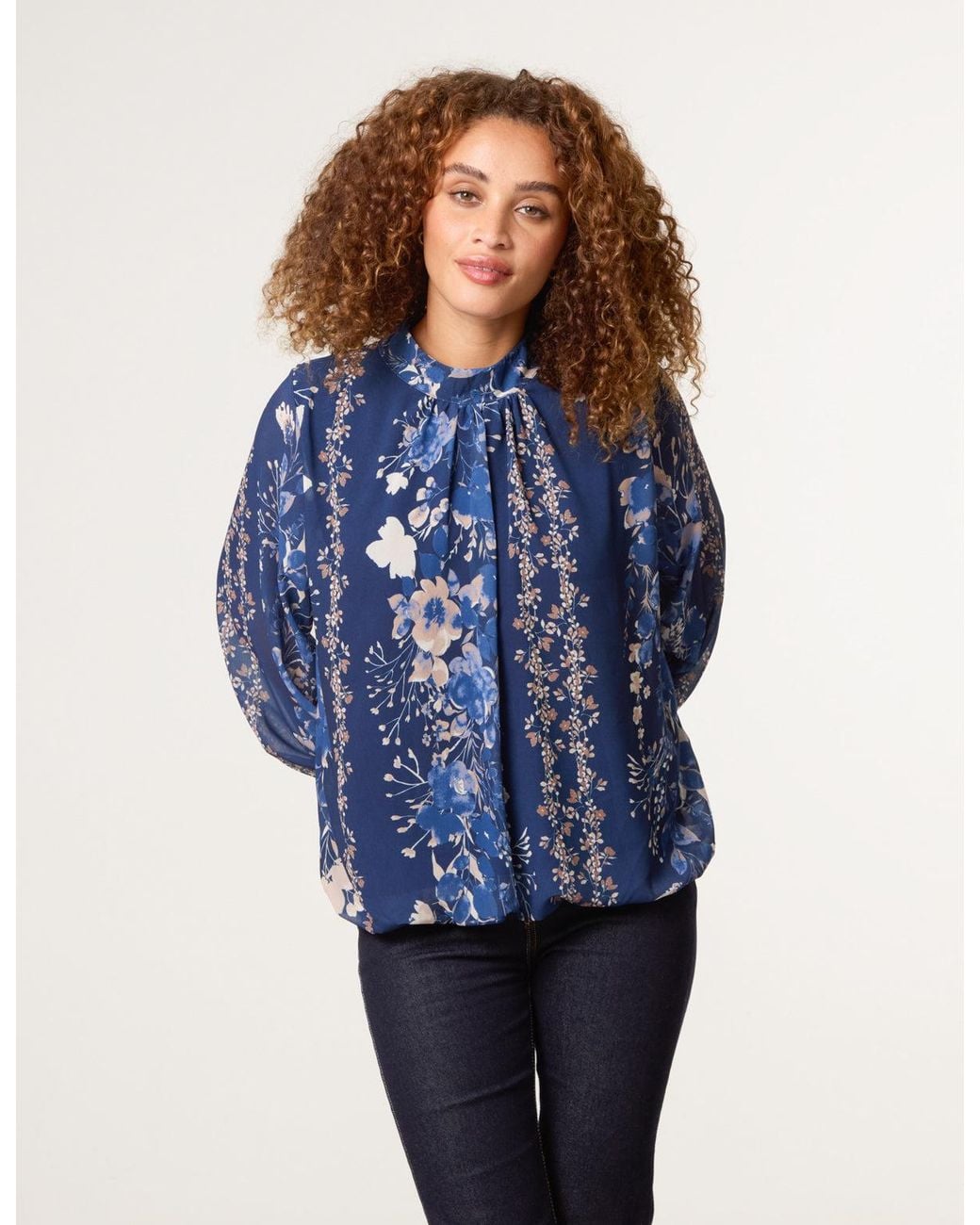 Blue Vanilla Blue High Neck Puffball Floral Blouse