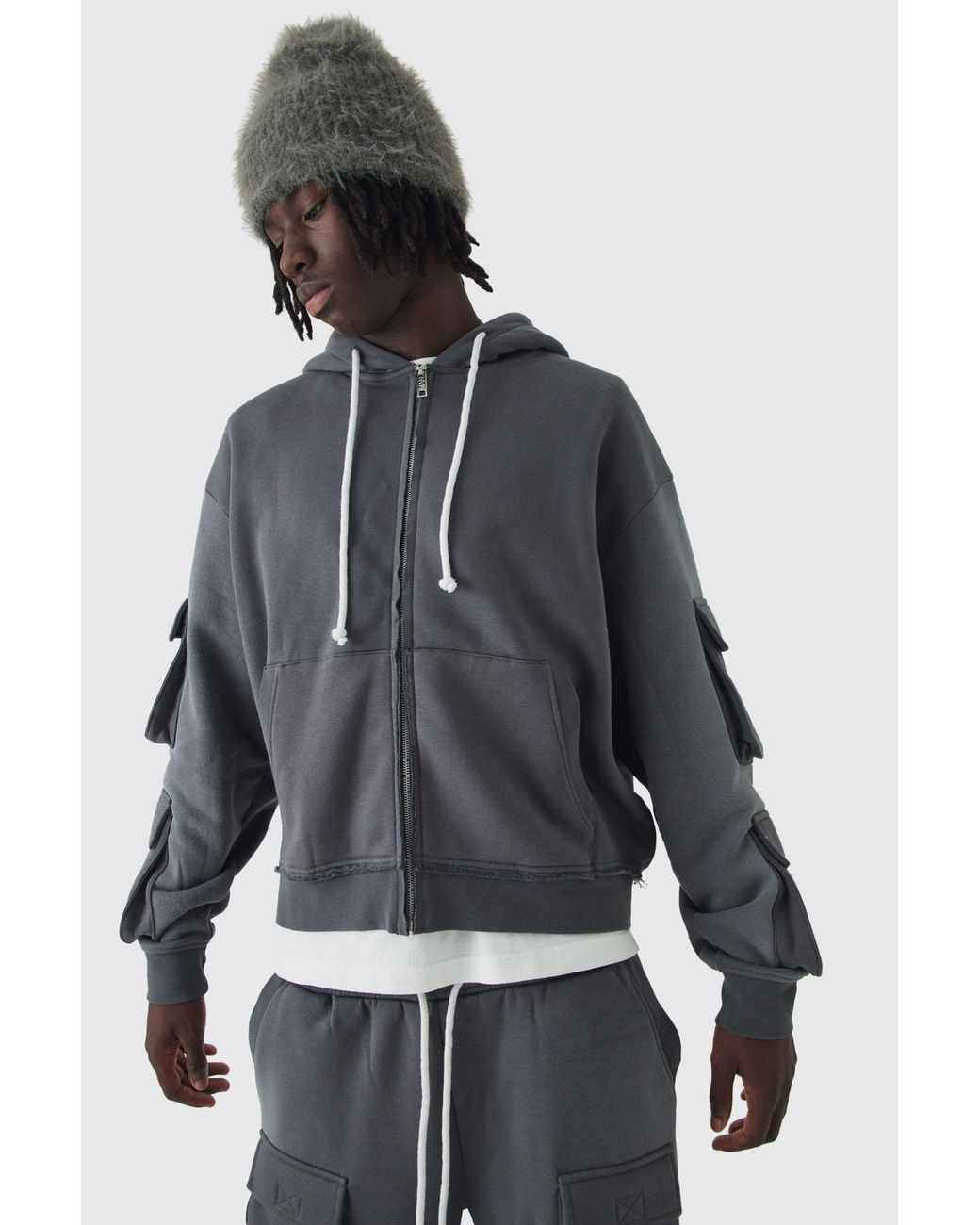 BoohooMAN Gray Oversized Boxy Utility Zip Through Brushback Hoodie for men