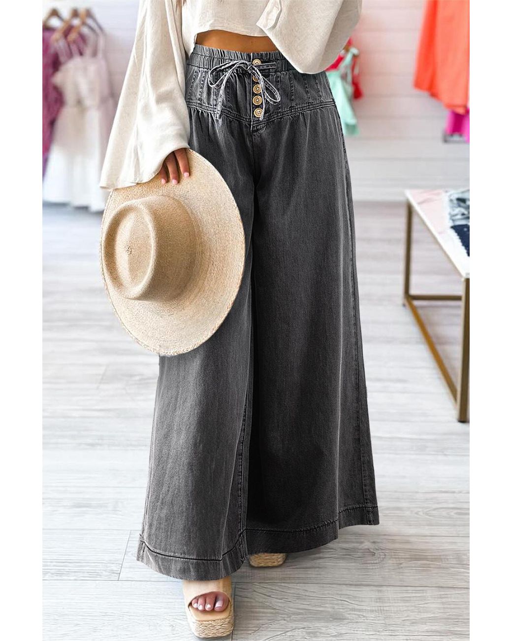 Azura Exchange Black Wide Leg Jeans Button Fly Drawstring