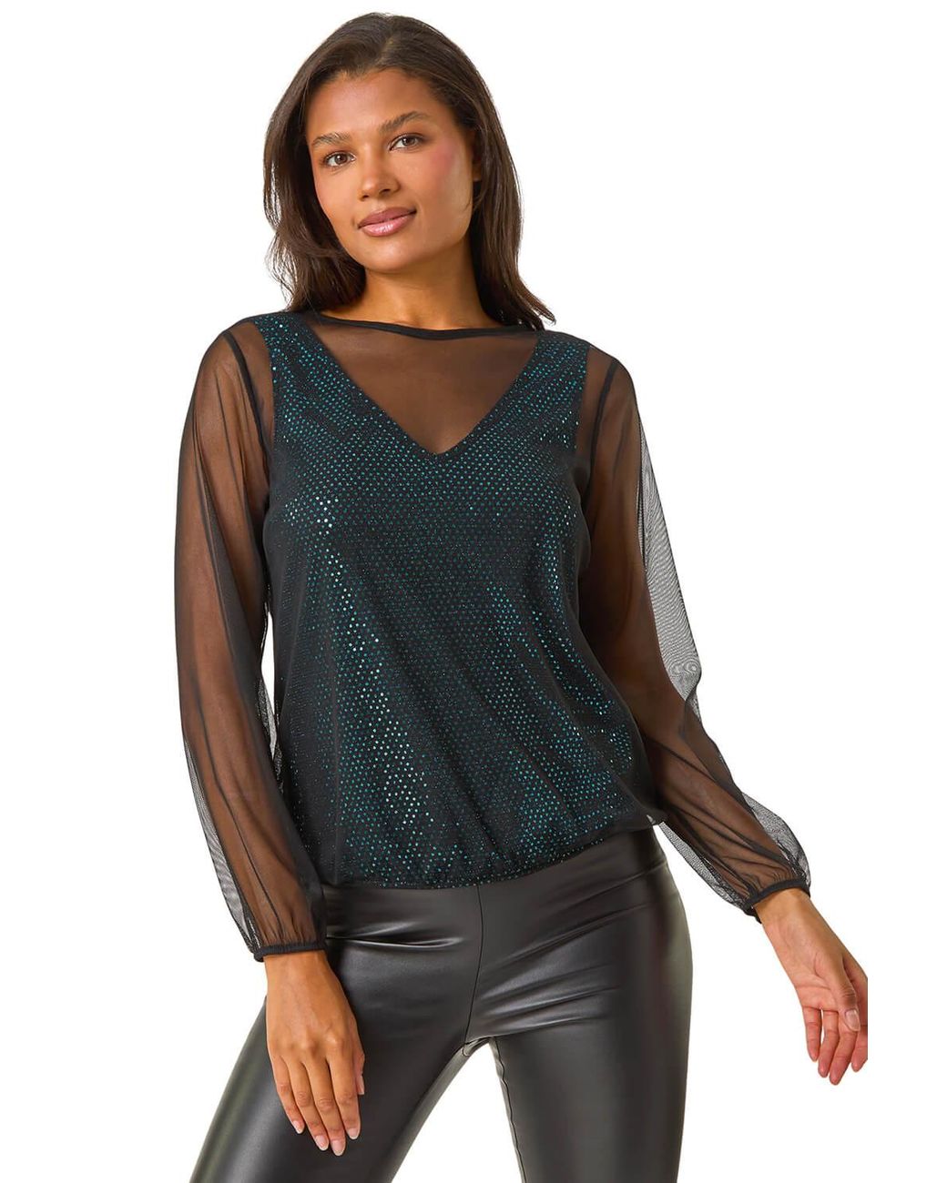 Roman Green Mesh Overlay Sparkle Top