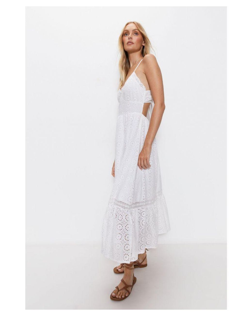 Warehouse Strappy Broderie Maxi Dress in White | Lyst UK
