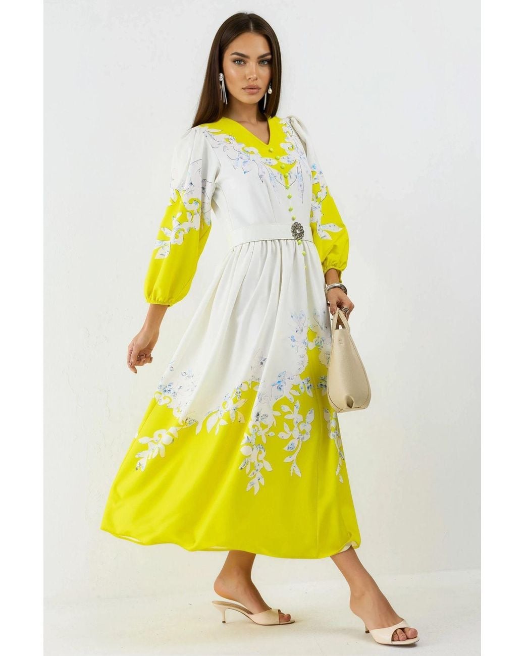 Msn-Collection Yellow Floral Maxi Dress With V-Neck And Button Detail