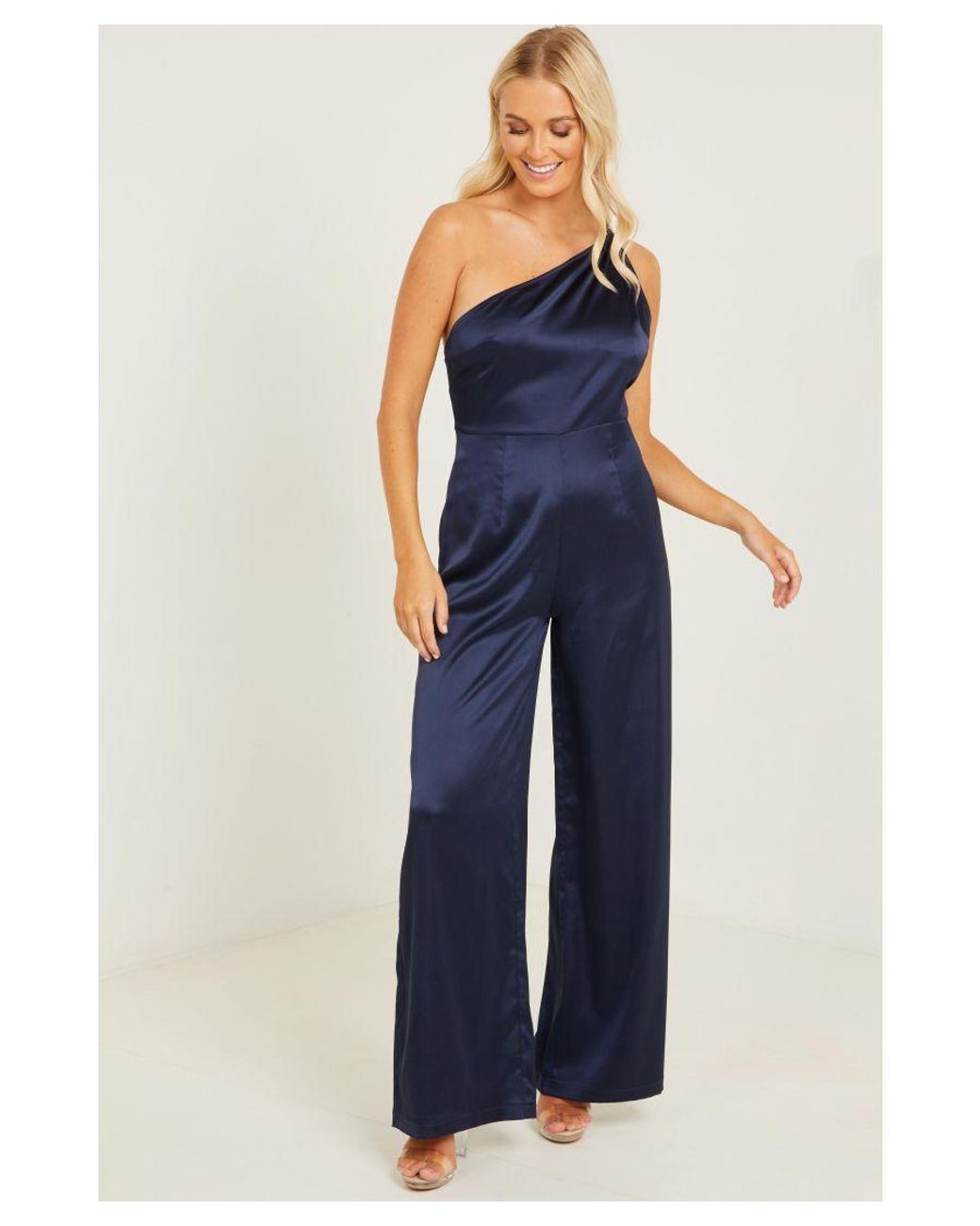 Quiz Navy Satin One Shoulder Palazzo Jumpsuit in Blue Lyst UK