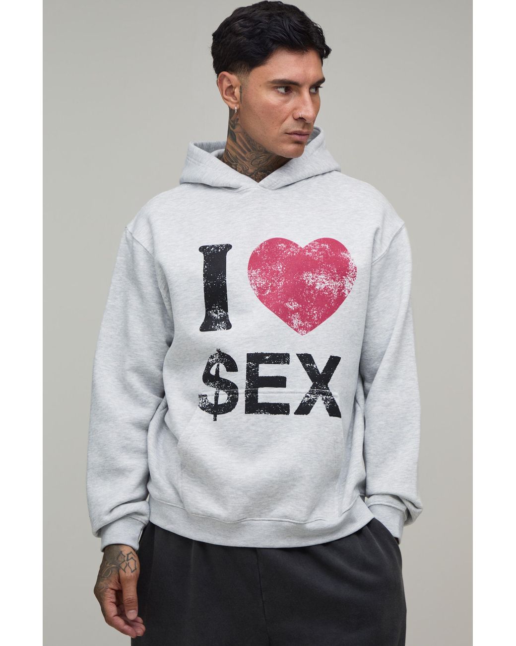 BoohooMAN Gray Tall Ash Oversized Slogan Print Hoodie Cotton for men