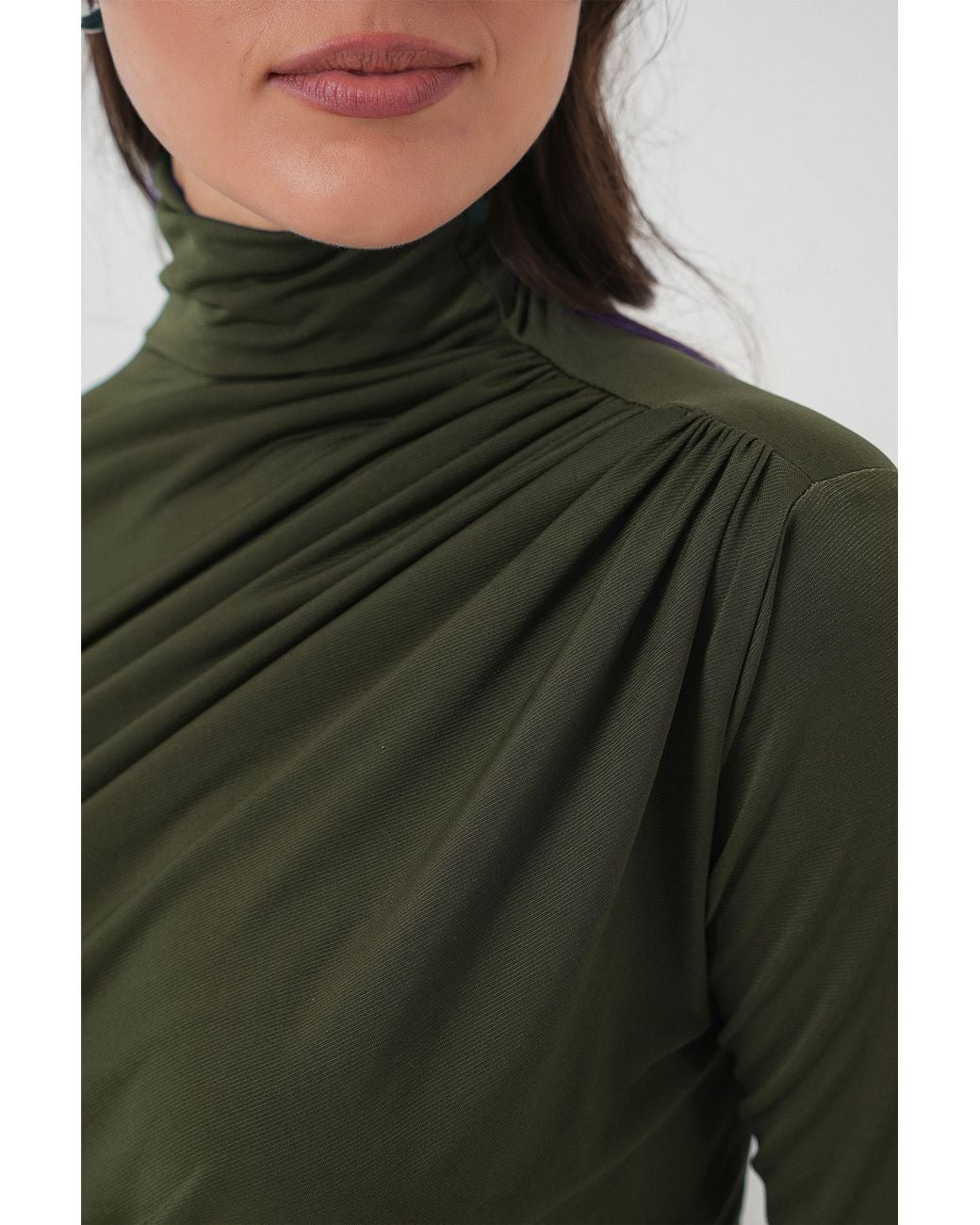 Bigdart Green Fitted Turtleneck Blouse With Drape Detail