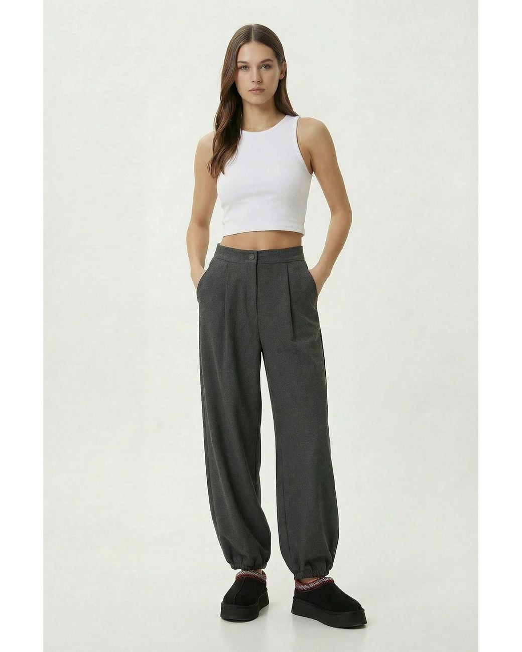 Happiness İstanbul Gray High Waist Pleated Salwar Pants
