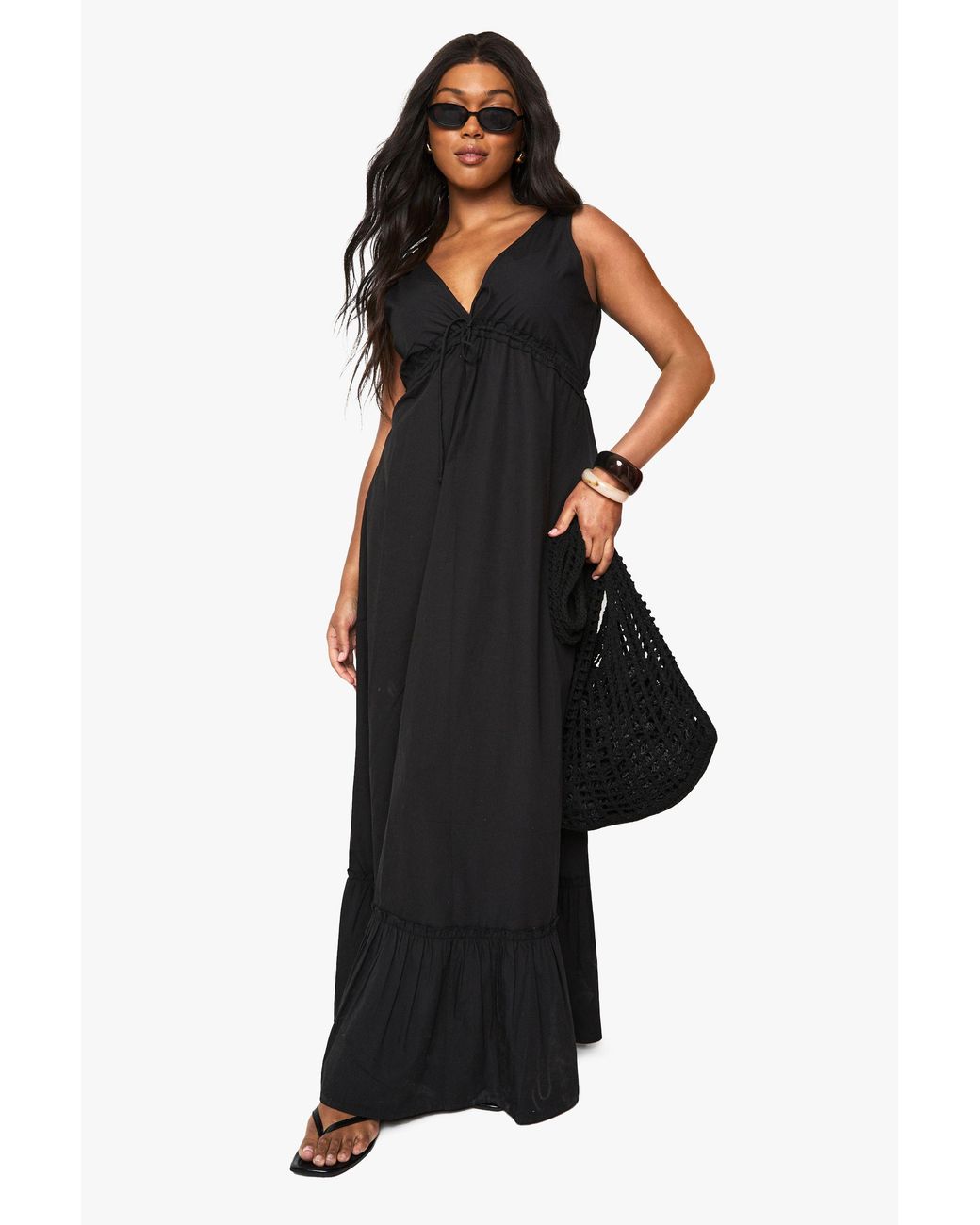 Boohoo Black Plus Cotton Poplin Ruched Tie Detail Maxi Dress
