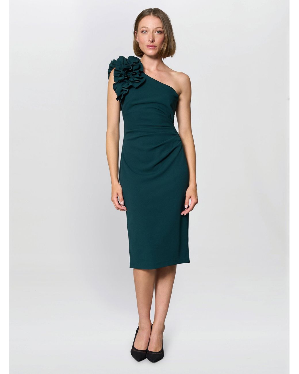 Gina Bacconi Green Kimberley One Shoulder Ruffle Dress