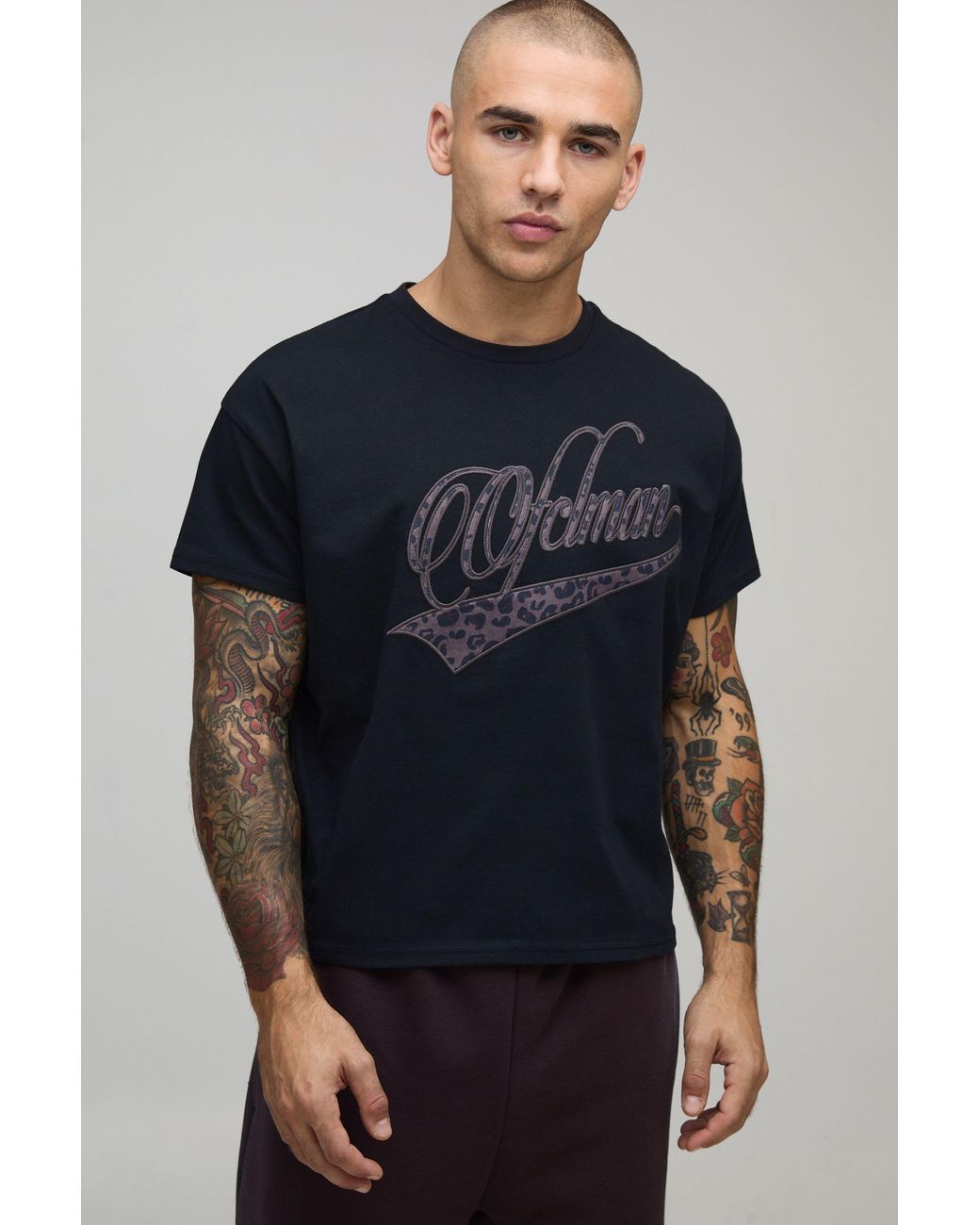 BoohooMAN Blue Oversized Shrunken Leopard Print Applique Ofclman T-Shirt for men