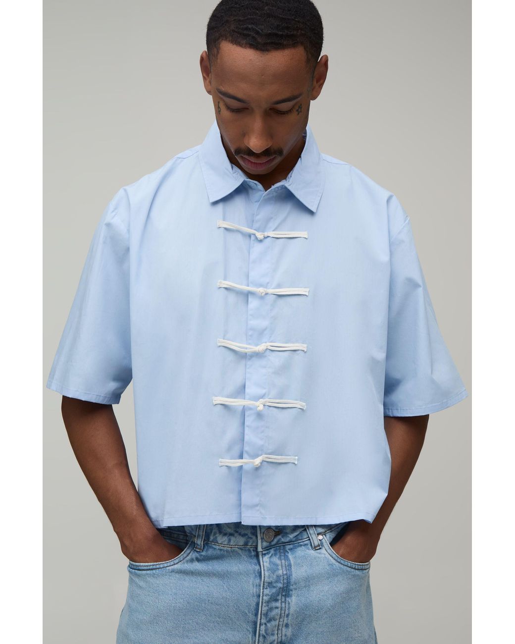 BoohooMAN Blue Oversized Crop Half Sleeve Frog Fastening Shirt for men